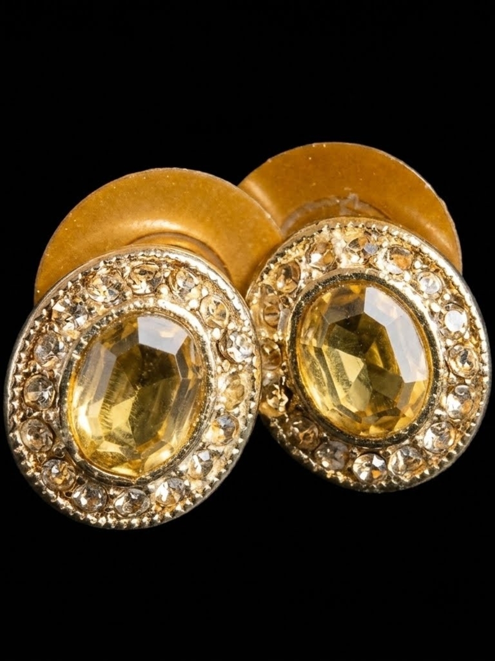 Vintage Signed Monet 1980s Gold-Tone Topaz & Rhinestone Oval Halo Stud Earrings